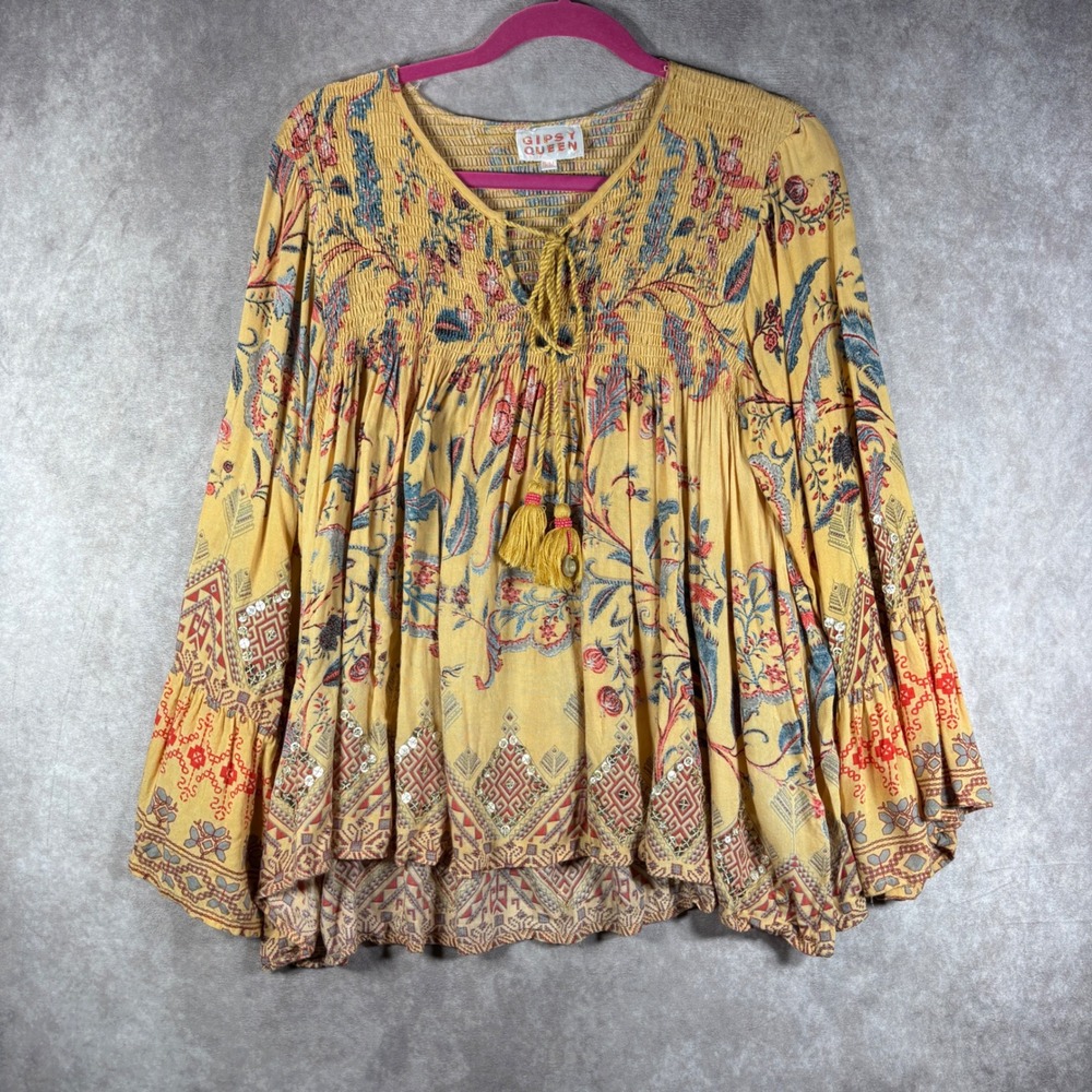 Gipsy Queen Blouse S/M Yellow Floral Boho Smocked Tassel Bell Sleeve Festival